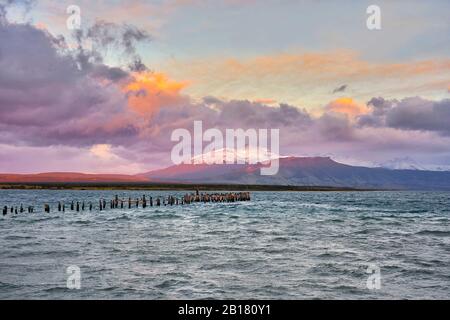 Cile, Patagonia, Magallanes E Regione Antartide Cilena, Provincia Ultima Esperanza, Parco Nazionale Torres Del Paine, Puerto Natales, Molo All'Alba Foto Stock