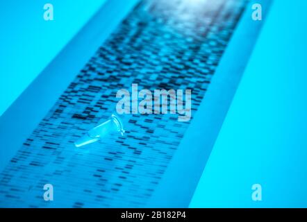 Primo piano del campione di DNA presente nel grafico dei risultati del sequenziamento del DNA Foto Stock