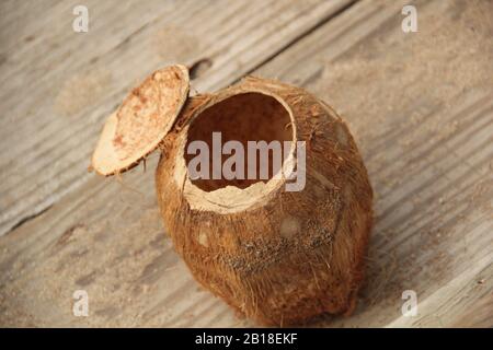 Cocco aperto in un pavimento di legno Foto Stock