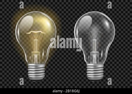 Lampadina realistica su trasparente. Lampade a incandescenza elettriche accese e spente. Creare un modello di creatività idea di innovazione aziendale. Illustrazione del vettore Illustrazione Vettoriale