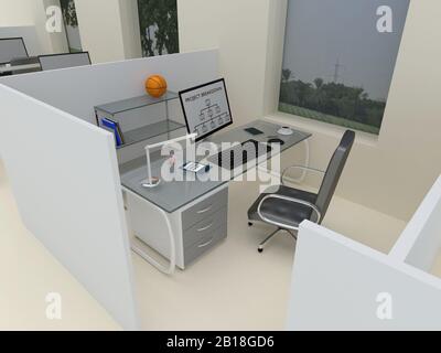 3d illustrazione di una postazione di lavoro personale, contenente strutture per ufficio e apparecchiature informatiche. Foto Stock