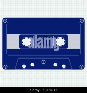Cassetta audio a nastro. Icona blu su sfondo cartaceo Illustrazione Vettoriale