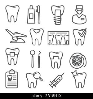 Icone linea dentale impostate su sfondo bianco Illustrazione Vettoriale