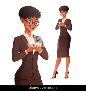 Donna d'affari sorridente e sorridente che invia messaggi sullo smartphone. Illustrazione del vettore isolato. Illustrazione Vettoriale