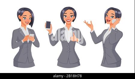 Donna che invia messaggi di testo, chiama e mostra il pollice con lo smartphone. Dimensioni complete sotto la maschera di ritaglio. Set di illustrazioni vettoriali. Illustrazione Vettoriale