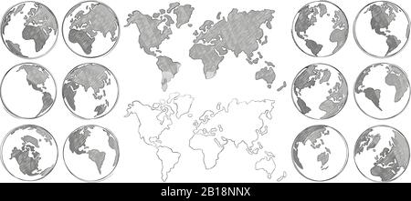 Mappa dello schizzo. Globo terrestre disegnato a mano, disegno di mappe mondiali e globi schizzi immagine vettoriale isolata Illustrazione Vettoriale