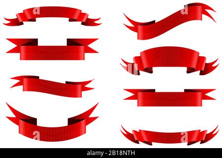 Set di nastri rossi in raso per design isolato su sfondo bianco. Elementi belli, illustrazione vettoriale Illustrazione Vettoriale