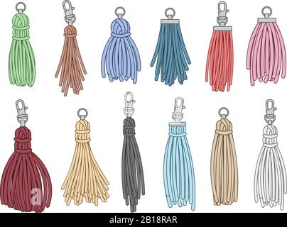 Accessori per le nappe. Ninket con frangia in pelle, embelishments per borse e illustrazione vettoriale isolata della catena della chiave di moda Illustrazione Vettoriale