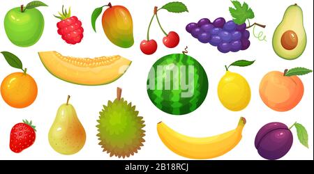 Frutti di cartone animato. Mango frutta, melone fetta e banana tropicale. Set di illustrazioni per lamponi, anguria e vettore di mele Illustrazione Vettoriale