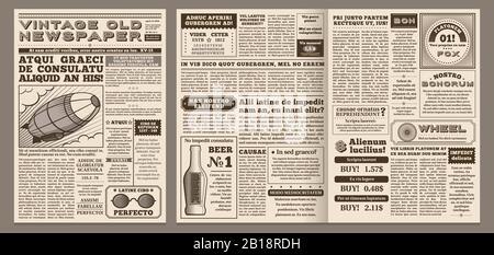 Modello di giornale vintage. Retro pagina giornali, vecchie notizie titolo e pagine giornale griglia vettore illustrazione layout Illustrazione Vettoriale