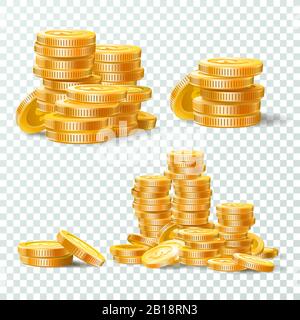 Pila di monete d'oro. Pile di monete d'oro, pile di denaro e pile di oro isolato vettore set Illustrazione Vettoriale