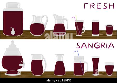 Illustrazione sul tema grande kit diversi tipi di vetreria, sangria in caraffe di varie dimensioni. Vetreria costituita da tazze in plastica organica per sangria fluida. Illustrazione Vettoriale