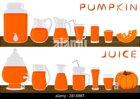 Illustrazione sul tema grande kit diversi tipi di vetreria, zucca brocche varie dimensioni. Vetreria composta da tazze in plastica organica per zucca fluida. Ju Illustrazione Vettoriale
