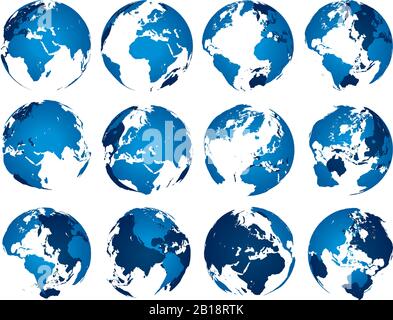 Globo di terra blu. Globes silhouette sfera, europa asia e america mappe. Set di vettori 3D isolati con mappa terrestre Illustrazione Vettoriale