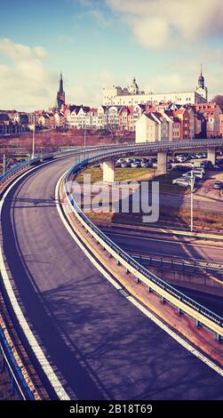 Paesaggio urbano di Szczecin con Castello Ducale sullo sfondo, immagine retrò tonalità colore, Polonia. Foto Stock