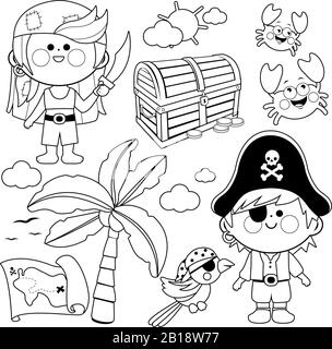 Set di vettori per bambini pirata. Pagina di colorazione Vector bianco e nero Illustrazione Vettoriale