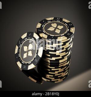 Fiches Casino su sfondo scuro riflettente. Figura 3D. Foto Stock