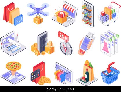 Shopping isometrico. Negozio online, distribuzione di mercato e vendite di negozi. Acquisto di Internet e prodotti alimentari 3d vettore illustrazione set Illustrazione Vettoriale