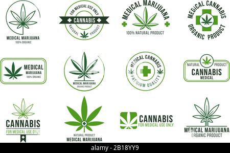 Etichetta di cannabis. Terapia medica della marijuana, pianta legale della canapa e piante di droga. Fumatore badge alghe isolato vettore set Illustrazione Vettoriale