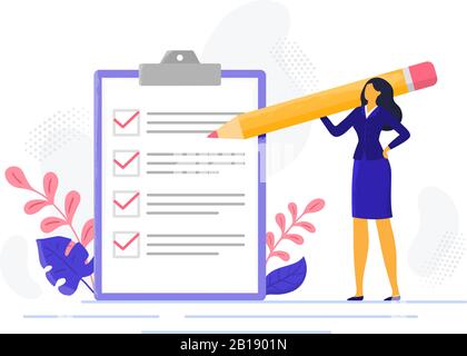Lista di controllo businesswoman. Donna di successo che controlla il successo dell'operazione, ha completato le mansioni di affari. Selezionare l'illustrazione del vettore elenco registri Illustrazione Vettoriale