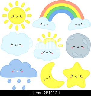 Cielo carino. Sole felice, luna divertente e stella disegnata a mano. Nubi del sonno del nido d'infanzia, rainbow del bambino e stelle della notte immagine vettoriale del cartone animato Illustrazione Vettoriale