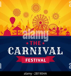 Poster del parco divertimenti. Montagne russe, ruota ferris e giostra carnevale parchi festive attrazioni vettore silhouette sfondo Illustrazione Vettoriale