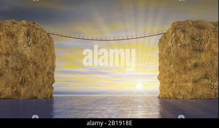 Ponte sospeso tra due rocce sullo sfondo del tramonto sul mare. rendering 3d. Foto Stock