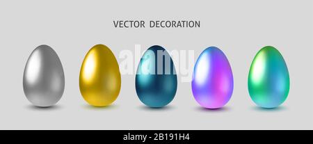 Set 3D metallizzato realistico olografico, oro, blu e argento uova. Modello orizzontale per buona pasqua, banner web, volantini, certificati e. Illustrazione Vettoriale