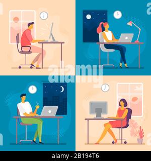 Lavoro di giorno o di notte. In ritardo di lavoro, lavori di ufficio straordinario e notti di lavoratore informatico. Illustrazione di vettori piatti del flusso di lavoro di Lark e OWL Illustrazione Vettoriale