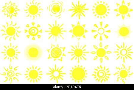 Estate schizzo del sole. Sole disegnato a mano, luce solare calda dell'alba e set di vettori di cartone animato Happy Sunbeam Illustrazione Vettoriale