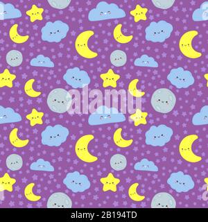 Cielo notturno senza cuciture. Cute luna con sonno viso, nuvole e stelle bambini tessuto stampa vettore cartone Illustrazione Vettoriale