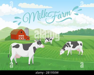 Campo di fattoria del latte. Paesaggio di aziende lattiero-casearie, mucche su campi di ranch e campagna di allevamento mucche illustrazione vettore Illustrazione Vettoriale