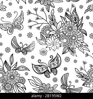 Disegnata a mano fiori e farfalle pattern senza giunture. Bianco e nero illustrazione vettoriale in stile scarabocchi. Isolato su sfondo bianco. Libro da colorare pagina. Illustrazione Vettoriale