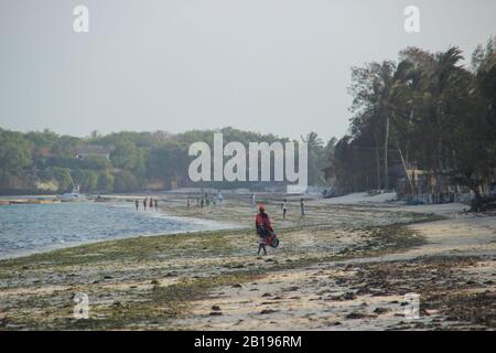 Malindi, Kenya - 20 febbraio 2015: Donna nera africana sullo sfondo dell'Oceano Indiano e boschetti di mare in camicia. Foto Stock