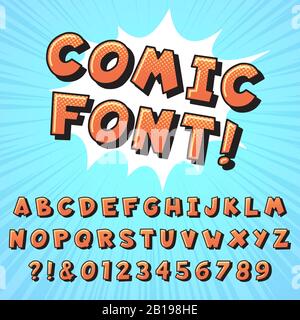 Carattere fumetto retrò. Fumetti super eroi lettere, personaggi vintage cartoni animati e pop art fumetti alfabeto vettore illustrazione Illustrazione Vettoriale