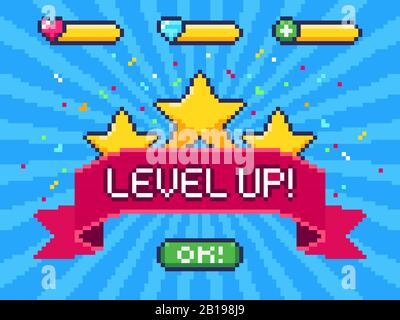 Schermata di livello superiore. Pixel video game Achievement, pixel 8 bit giochi ui e livello di gioco progresso vettore illustrazione Illustrazione Vettoriale