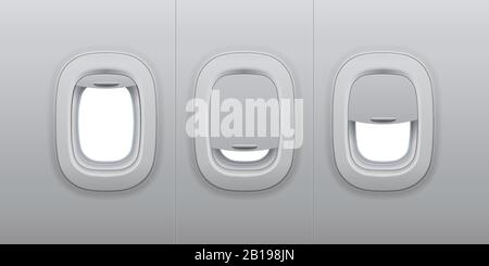 Finestre per aerei. Oblò per interni in aereo, finestra interna piana e illustrazione vettoriale della fusoliera in vetro con oblò 3d Illustrazione Vettoriale