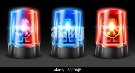 Ambulanza realistica lampeggiante. Lampeggiatore luci di polizia, luci di sicurezza e luci lampeggianti della sirena di avvertimento. Set vettoriale 3D luce di emergenza Illustrazione Vettoriale