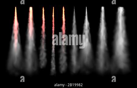 Razzi binari. Lancio di razzo spaziale fumo, aerei jet traccia e aereo nuvola di fumo realistico vettore set Illustrazione Vettoriale