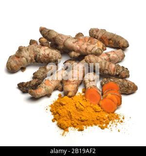 Curcuma (curcuma longa), rizoma, fette e macinate Foto Stock