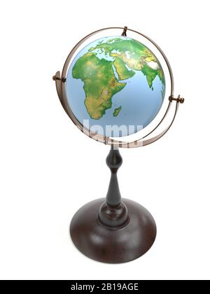 3D rendering del globo vintage su supporto in legno su sfondo bianco Foto Stock