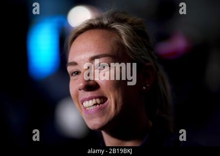 Il calciatore inglese Jordan Nobbs viene intervistato durante la UEFA Women's Euro 2021 500 giorni per partecipare all'evento mediatico al Wembley Stadium di Londra. Foto Stock