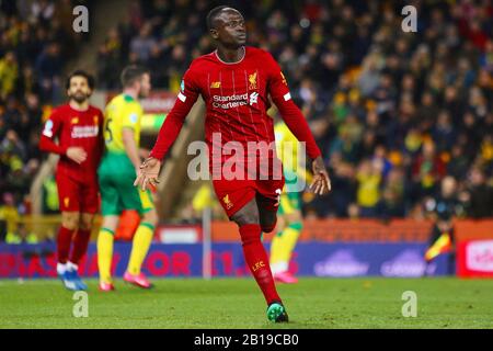 Sadio Mane di Liverpool festeggia dopo aver segnato un obiettivo per renderlo 0-1 - Norwich City v Liverpool, Premier League, Carrow Road, Norwich, UK - 15th Febbraio 2020 solo uso editoriale - si applicano le restrizioni DataCo Foto Stock