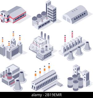 Edifici isometrici di fabbrica. Costruzione di centrali elettriche industriali, stoccaggio di magazzini di fabbriche e set vettoriale 3D di immobili industriali Illustrazione Vettoriale