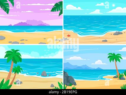 Spiaggia estiva. Oceano o mare, spiagge paesaggio e sabbia diurna spiaggia cartone animato vettore sfondo illustrazione Illustrazione Vettoriale