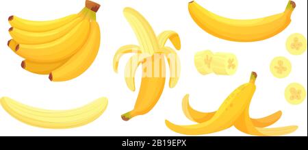 Banane dei cartoni animati. Pelare la banana, la frutta gialla e il mazzo di banane isolato vettore illustrazione set Illustrazione Vettoriale