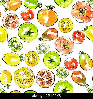 modello con pomodori, colori rosso, verde e giallo, tovagliolo e tè disegno asciugamano, arredamento cucina, libro da cucina. Foto Stock
