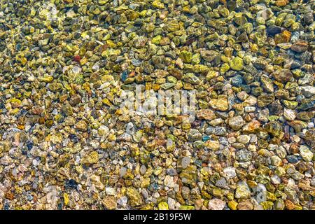 Acqua di mare cristallina. Fondale martellata. Pietre sotto acqua. Giro del fondale marino. Emergenza climatica. Cambiamenti climatici. Sfondo natura. Natiche pulite. Mare martellata natica. Sfondo acqua di mare Foto Stock