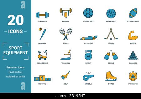 Attrezzature sportive icon set. Includere elementi creativi manubri, calcio, baseball, hockey, cyclette icone. Può essere utilizzato per il report Illustrazione Vettoriale