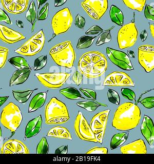 Schema dei limoni. Tea asciugamano design, arredamento cucina, tovagliolo. Illustrazione perfetta. Umore estivo. Foto Stock